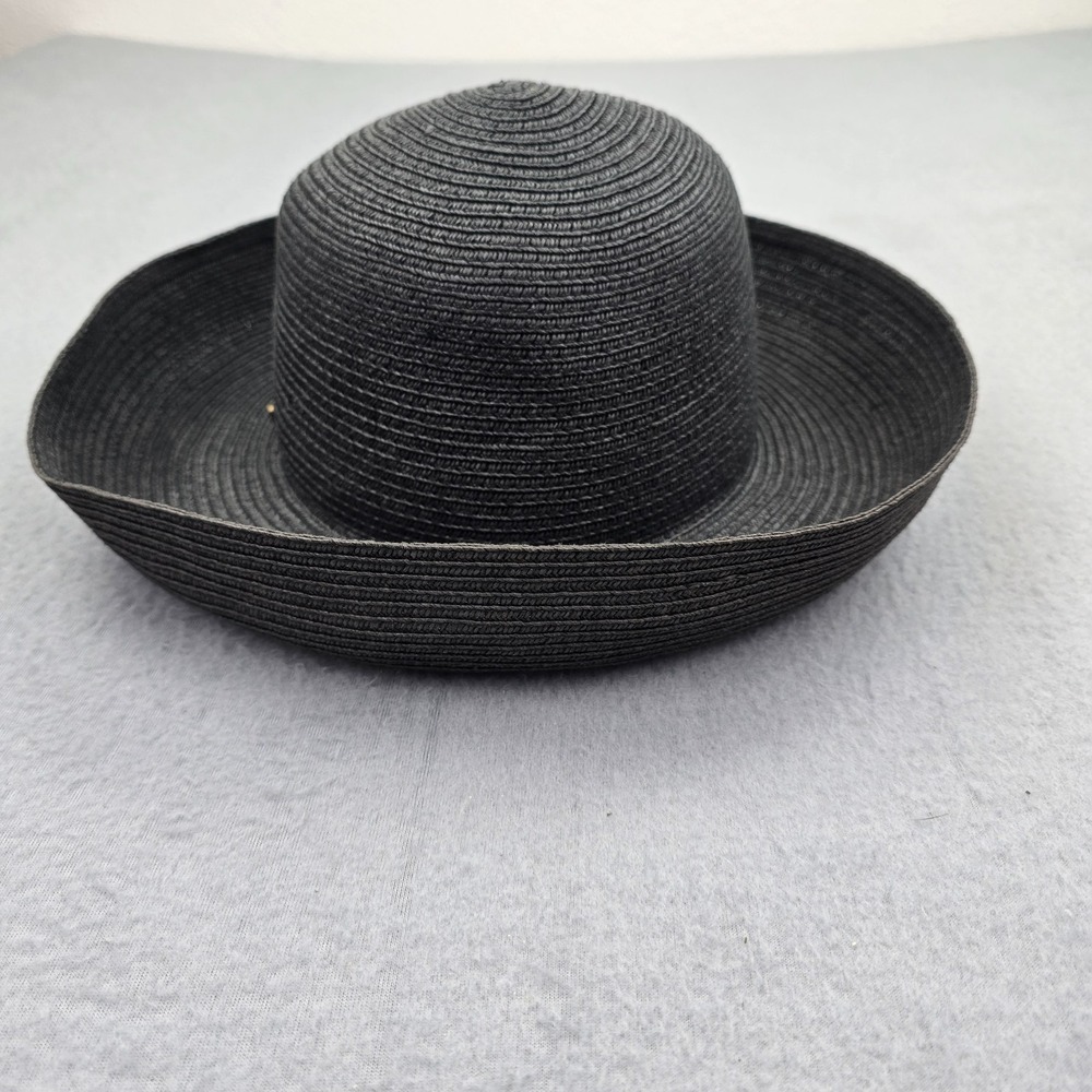 Womens Straw Sun Hat OS Black Textured Sweatband Upturned Kettle Brim Beach